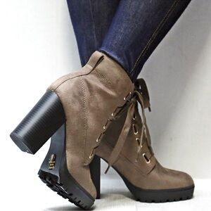 Soda Tan Lace-Up Chunky Heel Boots